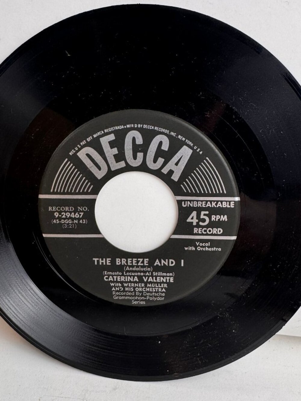 Caterina Valente The Breeze And I Jalousie 7"Vinyl 45 RPM Decca 9-29467 Vintage